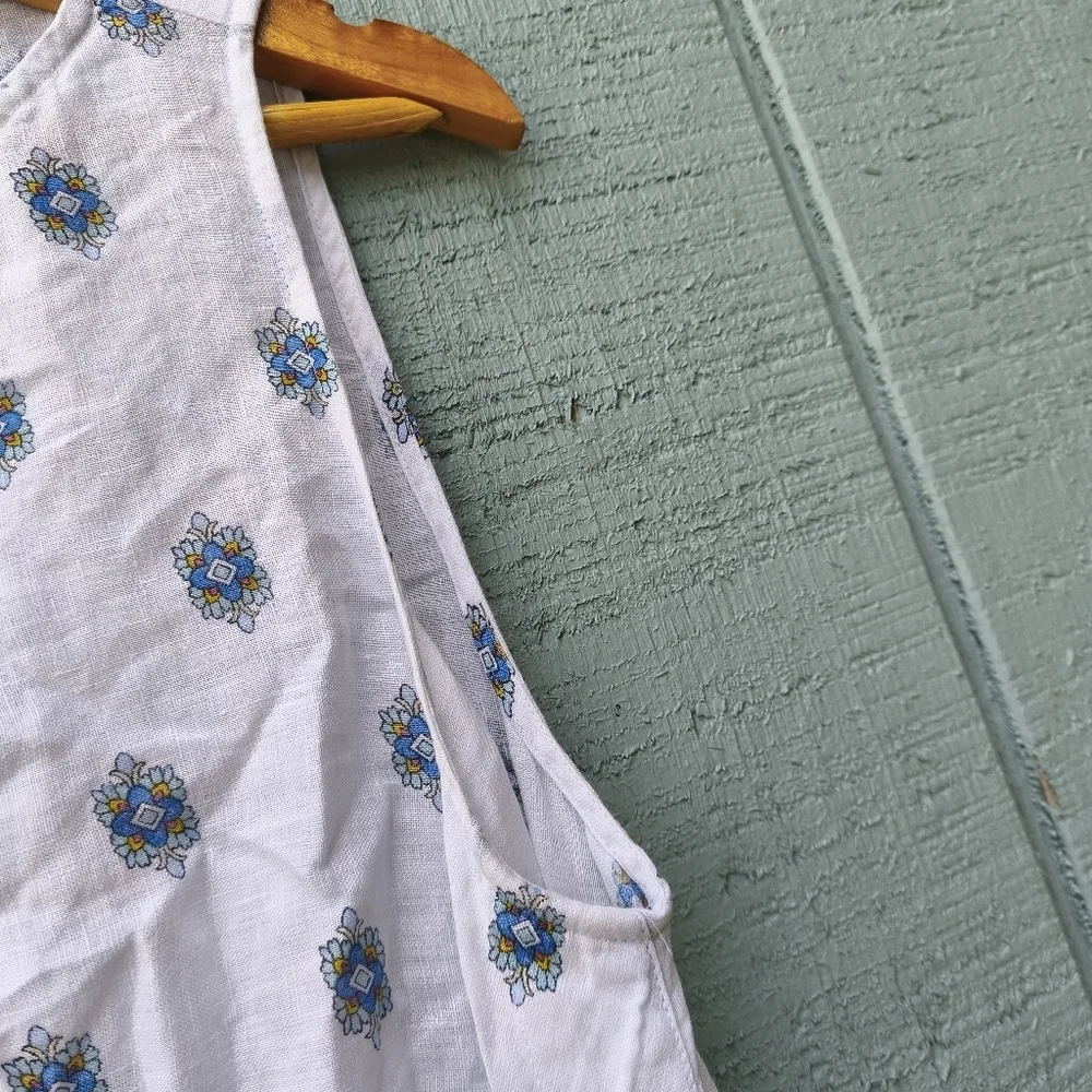 J Jill Love Linen Floral Boho Button Down Sides Tunic sz M Ivory Blue Beach Boh